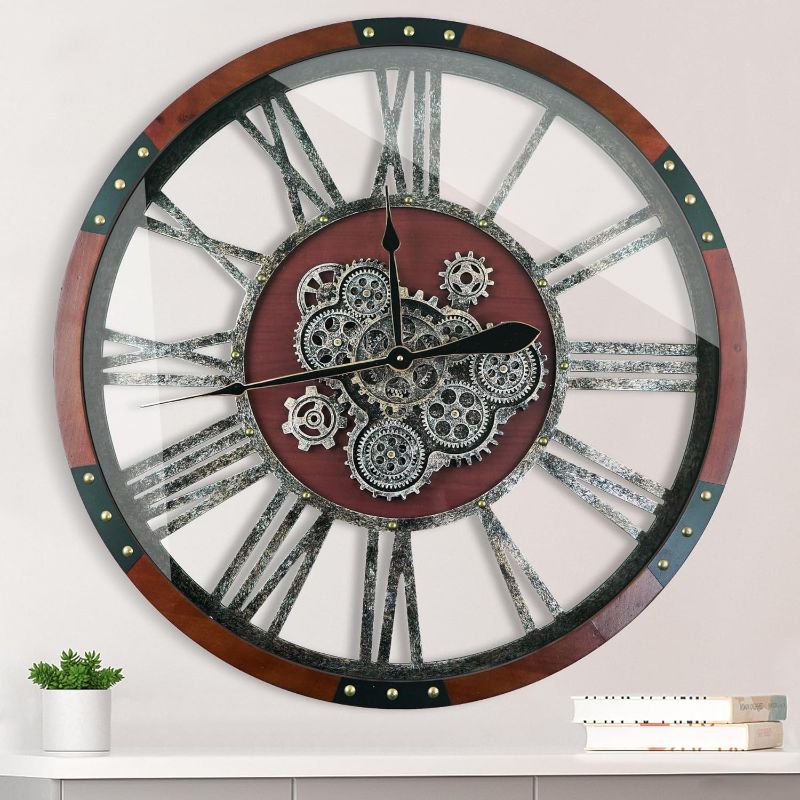 Photo 1 of 24 Inch Moving Gear Wall Clock, Oversized Wall Clocks, Clock Living Room Decor, Solid Wood Frame, Battery Operated, Large Wall Clock with Industrial for Fireplace(Black Walnut)