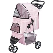 Photo 1 of  Foldable Pet Stroller for Cats and Dogs, Pet Carrier Strolling Cart with Weather Cover, Storage Basket, Cup Holder, Pink
