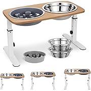 Photo 1 of Dog Bowls - Adjustable Raised Dog Bowl Stand with Slow Feeder Dog Bowl & 2 Stainless Steel Food Bowls, Wood Dog Feeding Station with Metal Stand for Large Medium Small Dogs