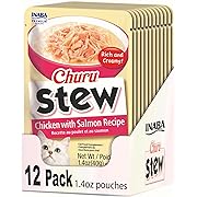 Photo 1 of  24  pouch INABA Churu Stew for Cats, Broth Gelée with Shredded Chicken Side Dish Pouch with Vitamin E, 1.4 Ounces per Pouch,24 Pouches, Chicken with Salmon Recipe exp 08/10/2024