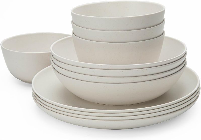 Photo 1 of Bamboo White Kitchen Plates and Bowls Set, 12 Piece non-breakable Melamine Dinnerware Sets