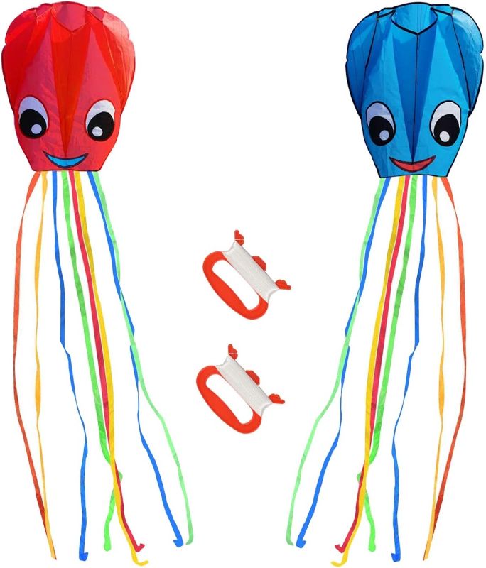 Photo 1 of 2-Pack New Upgraded Smiley Large Octopus Kites, Easy to Fly Long Colorful Tail Kites for Kids Adults Outdoor Activities Beach Park Trip, Great Gift for Children Childhood Precious Memories