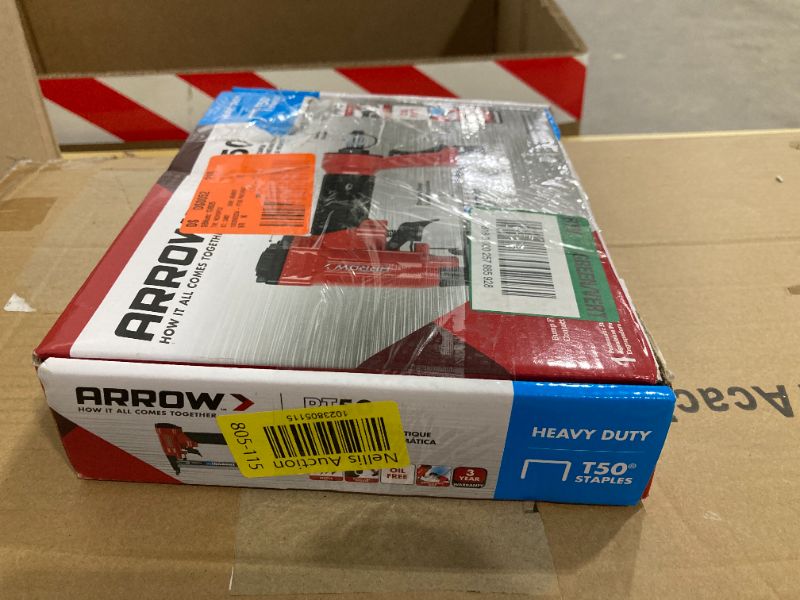 Photo 3 of ***HEAVILY USED*** Arrow PT50 Oil-Free Pneumatic Staple Gun, Professional Heavy-Duty Stapler for Wood, Upholstery, Carpet, Wire Fencing, Fits 1/4”, 5/16”, 3/8", 1/2", 9/16” Staples , Red 1 Unit