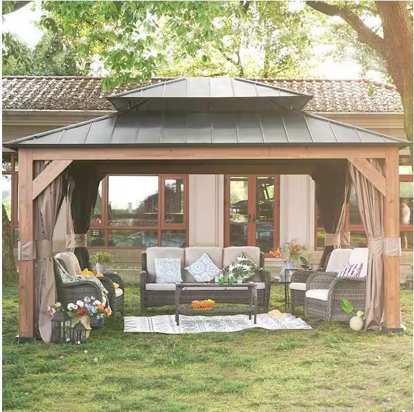 Photo 1 of ***(ROOF PARTS ARE MISSING)***
15 ft. x 13 ft. Wood Grain Aluminum Double Galvanized Steel Roof Gazebo with Ceiling Hook, Mosquito Netting and Curtains***BOX1ONLY***NOBOX2***