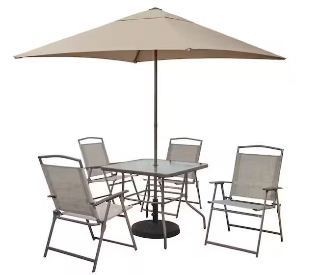 Photo 1 of Amberview 6-Piece Steel Square Outdoor Dining Set in Brown with Umbrella
