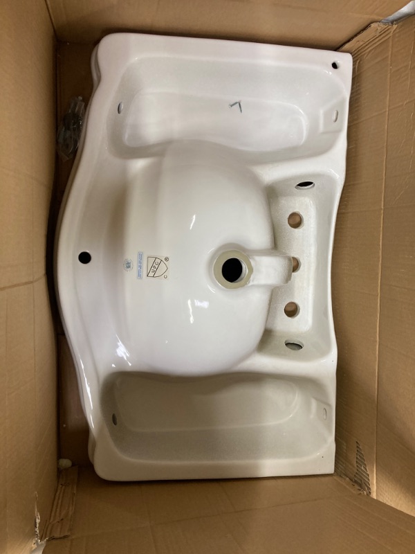 Photo 3 of Darbyshire Wall Mount Bathroom Pedestal Sink Basin Part 34” W White Heavy Duty Ceramic Sink with Backsplash, Overflow and 8” Widespread Faucet Holes Renovators Supply Manufacturing