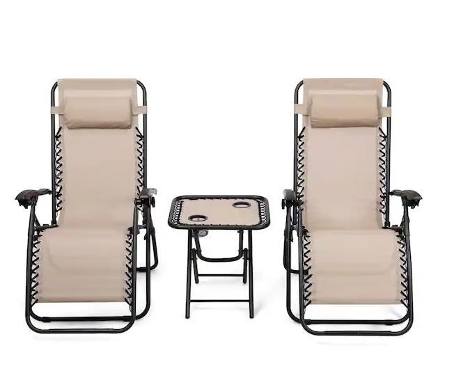 Photo 1 of 3-Pieces Steel Frame Outdoor Patio Folding Portable Zero Gravity Reclining Chaise Lounges Chairs Table Set in Beige***TABLE NOT INCLUDED***