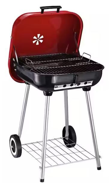 Photo 1 of 19 in. Steel Portable Outdoor Wheeled Charcoal Barbecue Grill in Red with Storage Rack and Air Vent Heat Control
