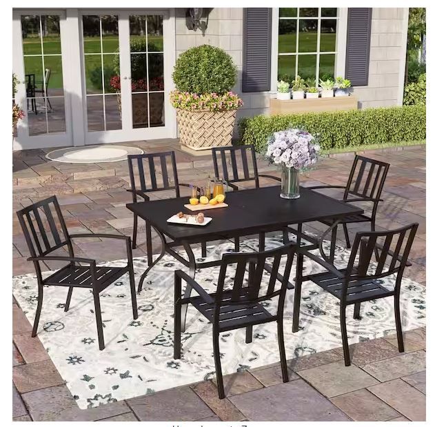 Photo 1 of Black 7-Piece Metal Outdoor Patio Dining Set with Slat Rectangle Table and Modern Stackable Chairs
