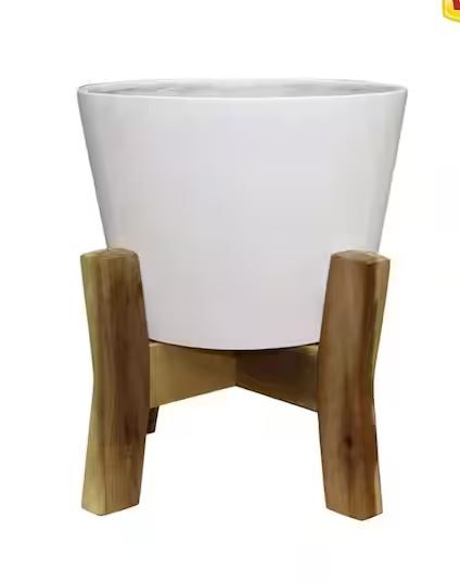 Photo 1 of 16 in. Shevlin Large White Resin Planter (16 in. W x 19.9 in. H) With Wood Stand
