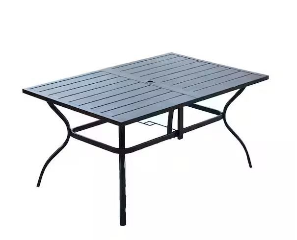 Photo 1 of Black Slat Rectangle Metal Patio Outdoor Dining Table with 1.57 in. Umbrella Hole
