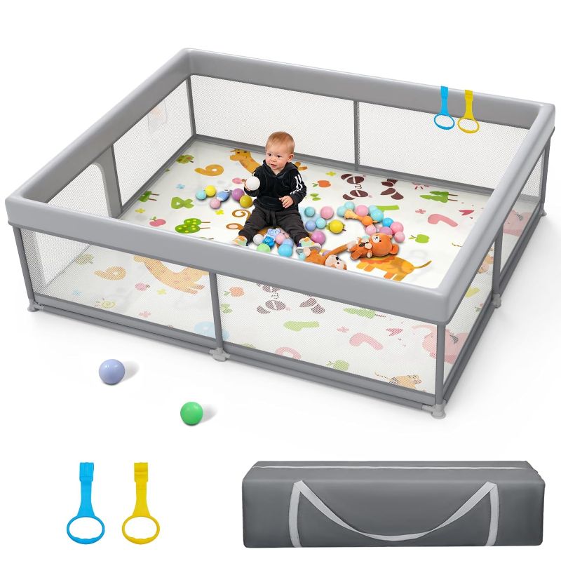 Photo 1 of 71"x59" Extra Large Baby Playpen, Sturdy Safety Playard for Babies and Toddlers, Baby Activity Center with 8 Suction Cup Bases and Soft Breathable Mesh, Infants Play Pen with Gate, Gray