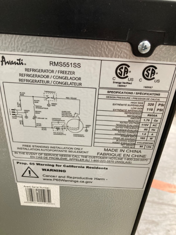 Photo 5 of Avanti RMS551SS Model RMS551SS-SIDE-BY-SIDE Refrigerator/Freezer, 33.5" x 31" x 23", Stainless Steel