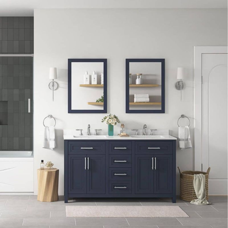 Photo 1 of Home Decorators Collection Beaufort 60 in. W X 19 in. D X 34 in. H Double Sink Bath Vanity in Midnight Blue with White Engineered Stone Top