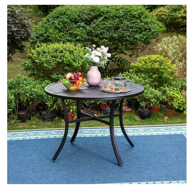 Photo 1 of ***MISSING CHAIRS and CUSHION*** Black 5-Piece Metal Patio Outdoor Dining Sets with Round Table and Wooden Armrest Rattan Chairs with Blue Cushion
