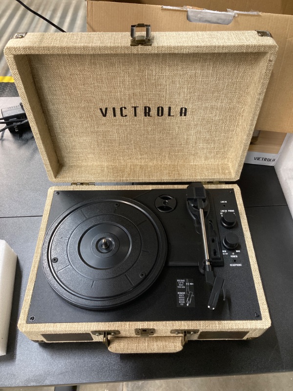 Photo 4 of Victrola Journey+ Signature Turntable Record Player - 33-1/3, 45 & 78 RPM Suitcase Vinyl Record Player, Bluetooth Connectivity & Built-in Speakers, Stereo RCA Output, Linen Finish, Cream