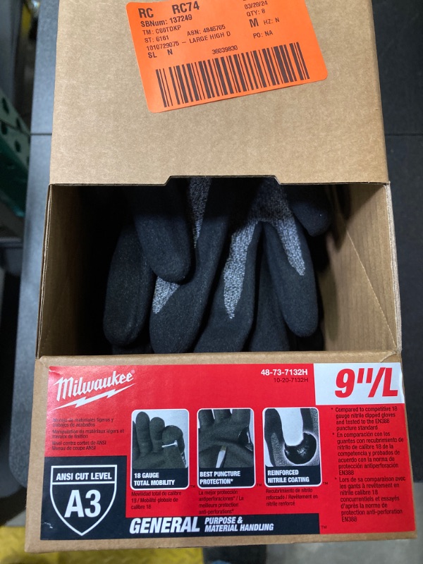 Photo 2 of 8 PAIRS Milwaukee
Large High Dexterity Cut 5 Resistant Nitrile Dipped Outdoor & Work Gloves 9" LARGE