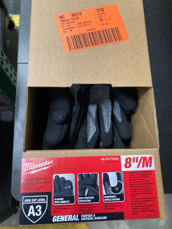 Photo 2 of 8 PAIR Milwaukee
X-Large High Dexterity Cut Level 3 Resistant Nitrile Dipped Outdoor and Work Gloves 8" MEDIUM