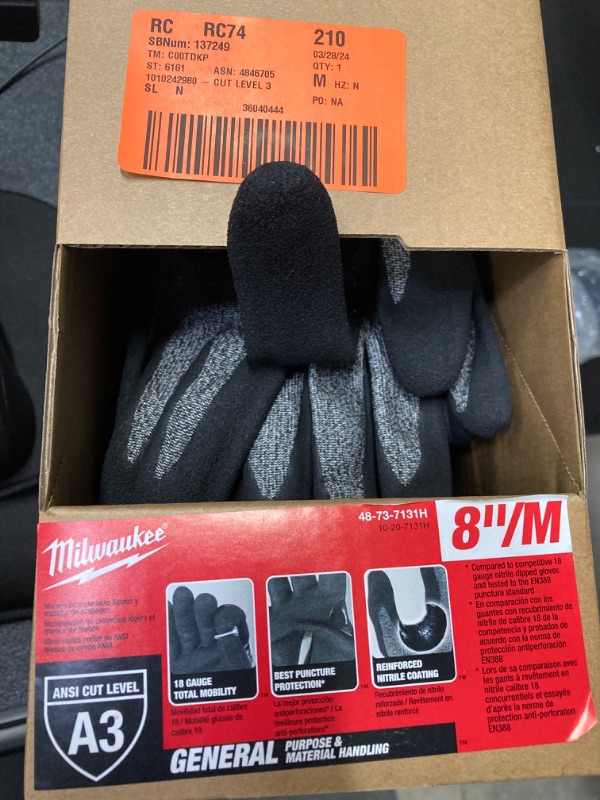 Photo 2 of 8 PAIRS  Milwaukee
MEDIUM High Dexterity Cut Level 3 Resistant Nitrile Dipped Outdoor and Work Gloves