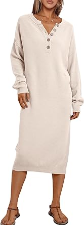Photo 1 of LILLUSORY Women Pullover Sweater Maxi Dresses 2023 Fall Long Sleeve Button V Neck Oversized Waffle Knit Sweaters