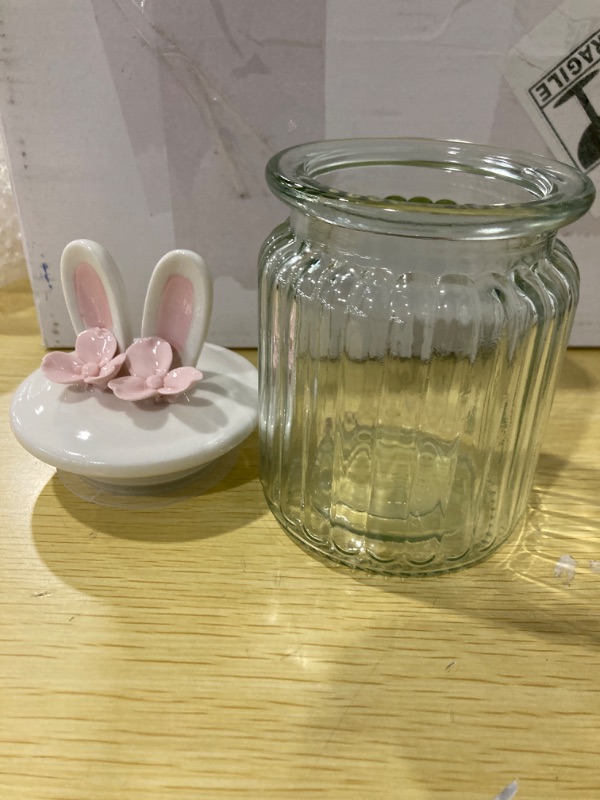 Photo 3 of 3 Pcs Easter Bunny Cute Cookie Jar Glass Candy Jars with Ceramic Lid Storage Rabbit Canister Airtight Candy Dish Buffet Containers with Ribbon and Labels for Eater Party Kitchen Decor