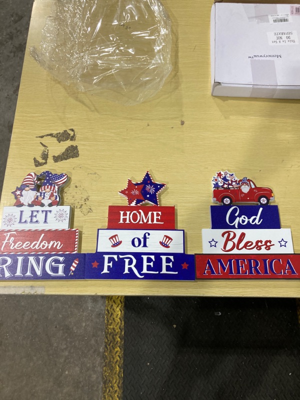 Photo 2 of 3 Pcs Patriotic Decorations Wooden Double Sided American Table Plaques Red White Blue Table Signs Decorative Freestanding July 4th Centerpieces for Home Office Independence Day Veterans Day