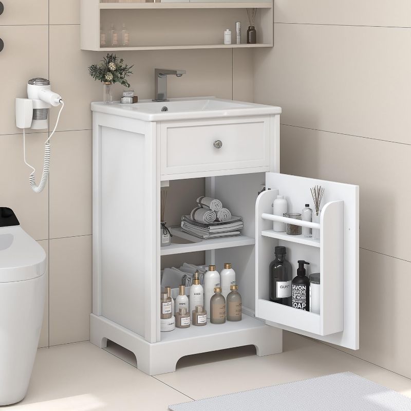 Photo 1 of 20" Small Bathroom Vanity with Sink, Modern Bathroom Sink Cabinet with Storage Rack and Soft-Closing Door, Floor Mount Bathroom Vanity Set with Ceramic Sink, White ***STOCK PHOTO IS FOR REFERENCE ONLY