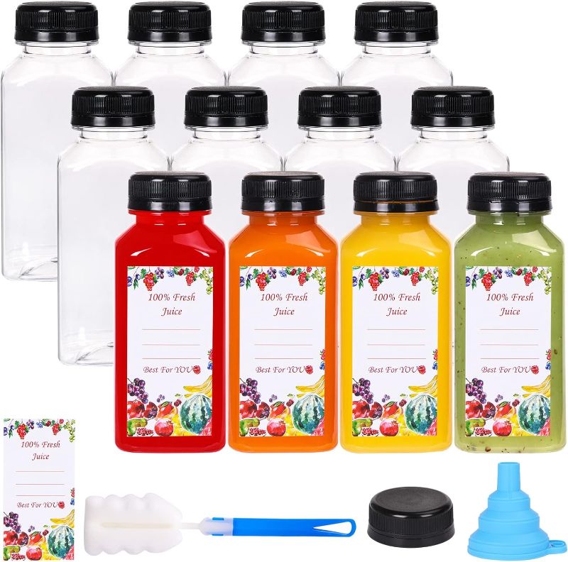 Photo 1 of 12pcs 8oz Plastic Juice Bottles with Black Tamper Evident Caps, Reusable Clear Juice Containers