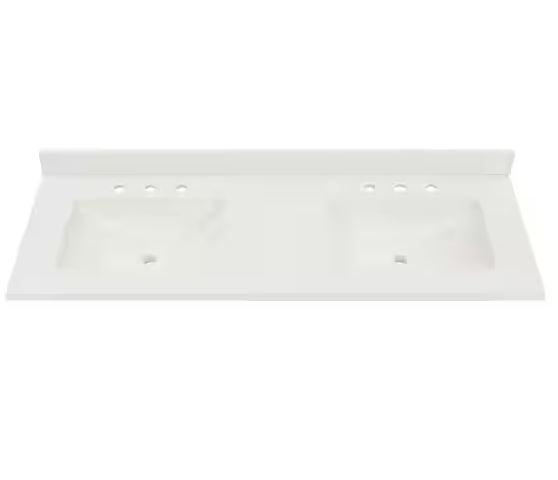 Photo 1 of 61 in. W x 22 in. D Cultured Marble White Rectangular Double Sink Vanity Top in White