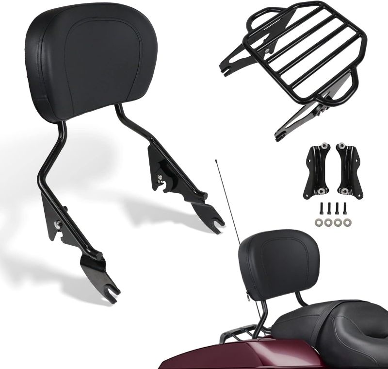 Photo 1 of Black Detachable Upright Passenger Sissy Bar Backrest with Pad and 2-Up Luggage Rack and 4 Point Docking Hardware Kits Compatible with for Touring Street Road Electra Glide Road King 2014-2023