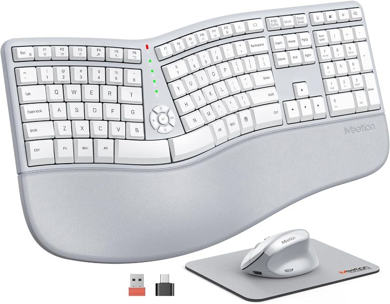 Photo 2 of MEETION Ergonomic Wireless Keyboard and Mouse, Ergo Keyboard with Vertical Mouse, Split Keyboard with Cushioned Wrist Palm Rest Natural Typing Rechargeable Full Size, Windows/Mac/Computer/Laptop, Gray