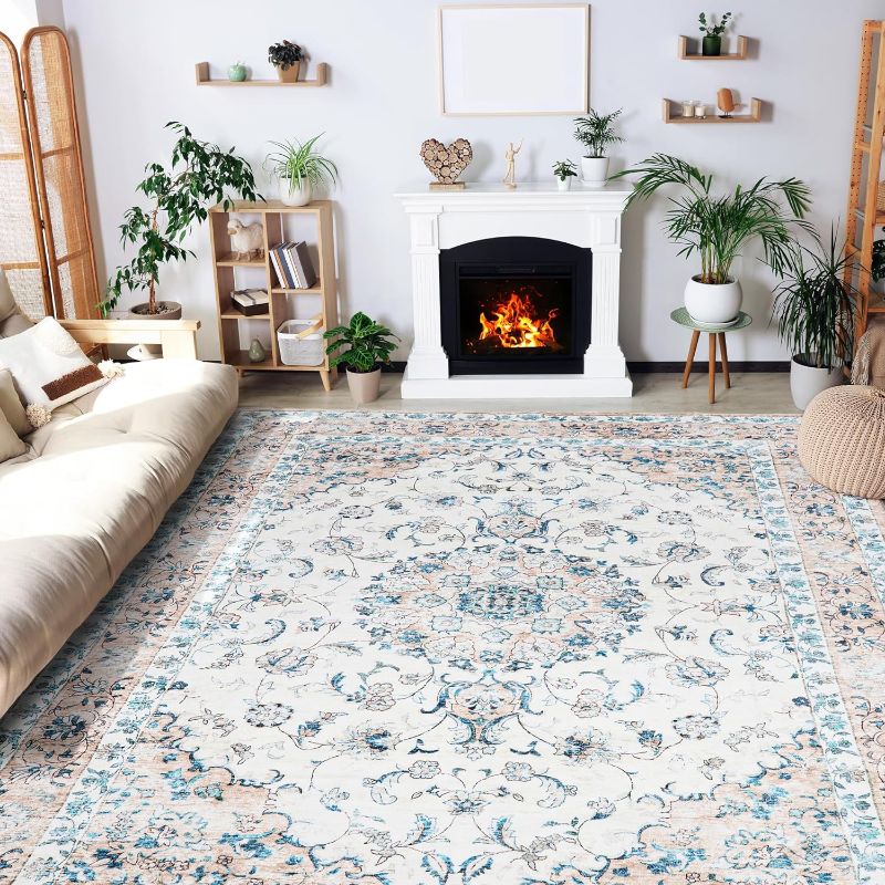 Photo 1 of 8x10 Area Rugs Washable Boho Rug, Non Slip Carpet for Living Room, Bedroom, Kitchen, Soft Low-Pile Rug, Lvory/Floral