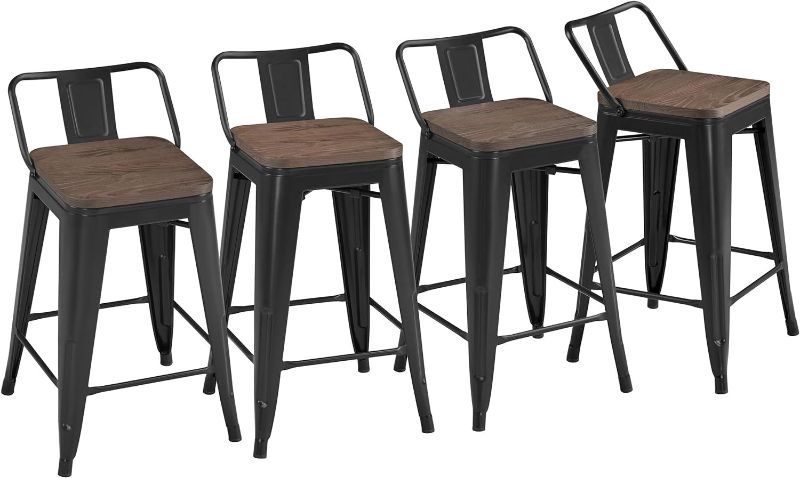 Photo 1 of 24'' Metal Bar Stool 4PCS Low Back Conuter Stools for Indoor/Outdoor Barstools Metal Black Stools Bar Chairs w/Wooden Seat Metal Leg Industrial Counter Height Stools Black