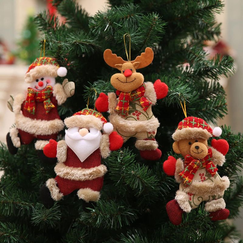 Photo 1 of 4pcs Christmas Tree Plush Hanging Ornaments Decorations Santa Snowman Elk Bear Ornaments for Kids Room Window Pendant Holiday Party Decor