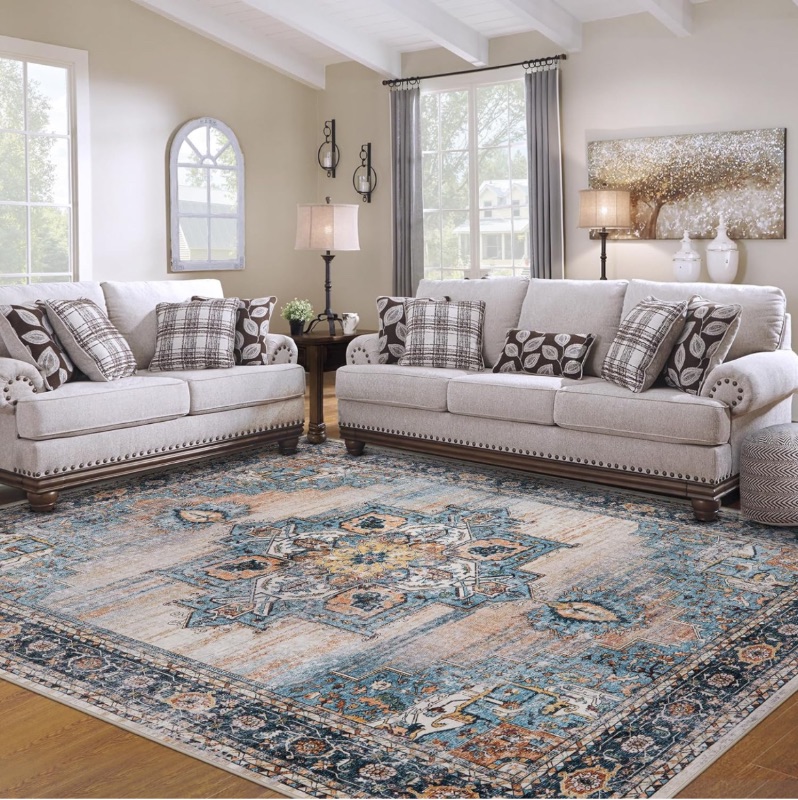 Photo 1 of Area Rug Living Room Rugs: 8x10 Large Machine Washable Luxury Floral Carpet Soft Non Slip Thin Carpets for Dining Room Farmhouse Bedroom Nursery Home Office - Beige/Pastel Blue Beige/Pastel Blue 8' x 10'