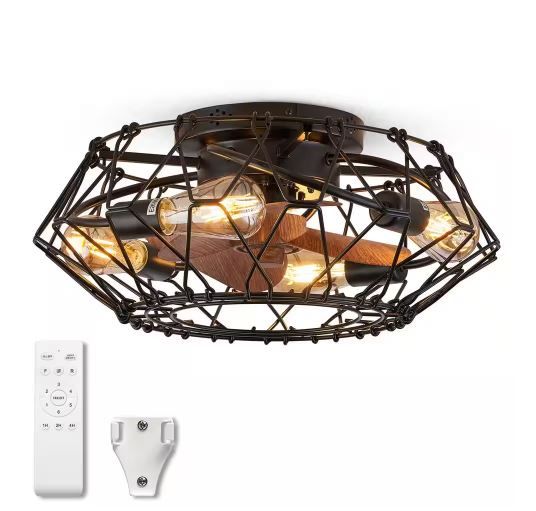 Photo 1 of 20 in. Indoor Farmhouse Black Caged Ceiling Fan with Light Small Enclosed Ceiling Fan with Remote for Kitchen