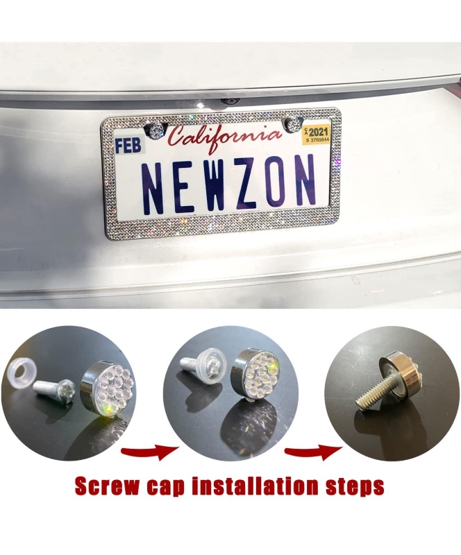 Photo 1 of Newzon Sparkly Rhinestone Bedazzled License Plate Frame for Women - Crystal Car Cup Holder Coaster, Girly Glitter Tag Frames