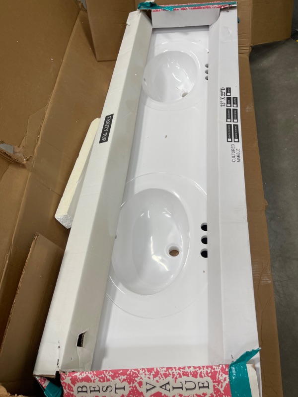Photo 1 of 73 in. W Single Faucet Hole Cultured Marble Solid White Double Basin Vanity Top with Solid White Basins
