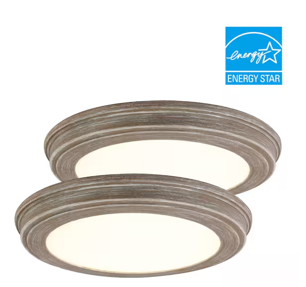 Photo 1 of 7 in. Weathered Gray Wood 3-CCT LED Round Flush Mount, Low Profile Ceiling Light (2-Pack)