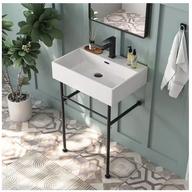 Photo 1 of 24 in. Ceramic White Rectangular Bathroom Console Sink with Black Legs and Overflow