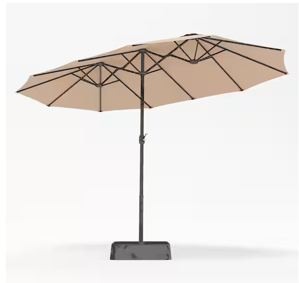 Photo 1 of 15 ft. Market Patio Umbrella 2-Side in Beige With Base
