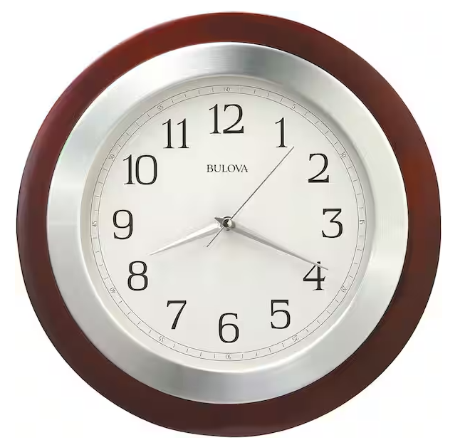 Photo 1 of 14 in. H x 14 in. W Round Wall Clock with Wood Case and Brushed Aluminum Bezel