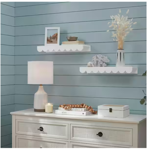 Photo 1 of Scalloped White Wood Floating Wall Shelves (22" W x 2.5" H) (Set of 4)