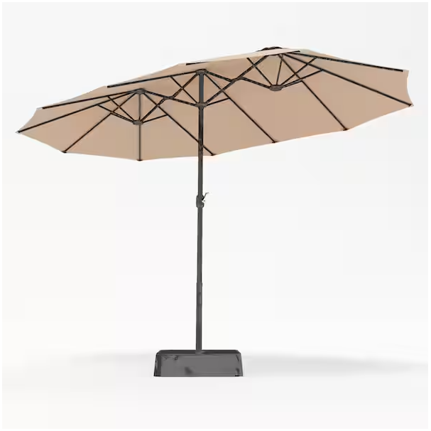 Photo 1 of 15 ft. Market Patio Umbrella 2-Side in Beige With Base and Sandbags