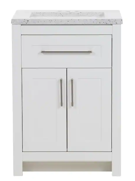 Photo 1 of *BROKEN GRANITE TOP* Clady 25 in. W x 19 in. D x 35 in. H Single Sink Freestanding Bath Vanity in White with Silver Ash Cultured Marble Top