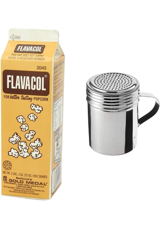 Photo 1 of (9 Pack) 35oz Carton of Flavacol with 10oz Stainless Steel Shaker