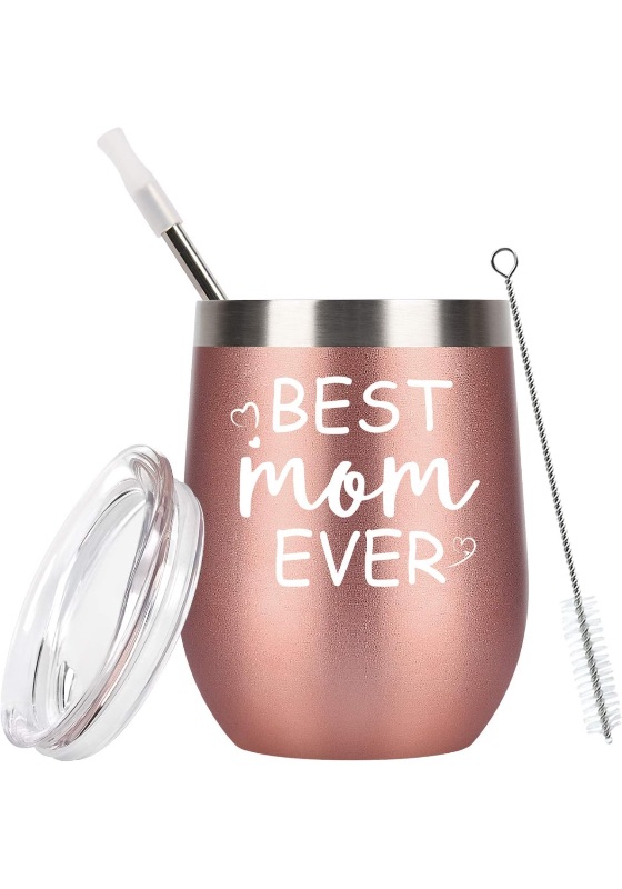 Photo 1 of (2 Pack) GINGPROUS Best Mom Ever Wine Tumbler with Lid and Straw, Mother's Day Birthday Gifts for Mom Mommy Mother, Stainless Steel Insulated Mom Wine Tumbler with Saying for Women (12 Oz, Rose Gold)