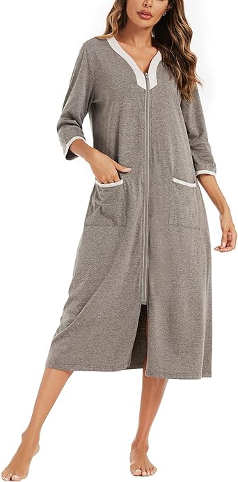 Photo 1 of (3 Pack) Pabumbubu Bathrobe for Women 3/4 Sleeves Zip Up Robe Loungewear Housecoat Print Sleepwear Nightgown with Pockets