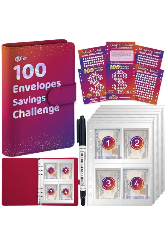 Photo 1 of (4 Pack) 100 Envelopes Money Saving Challenge Binder, 100 Envelope Challenge Binder - Fun and Organized Money Saving Book for $5050 Savings in 100 Deposits (Pink)