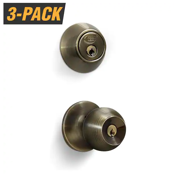 Photo 1 of (3 Pack Bundle) Antique Brass Entry Door Knob Combo Lock Set with Deadbolt